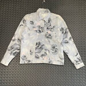 VTG Newport News Gray‎ Pink Floral All Over Print Button Up Denim Jacket Women S